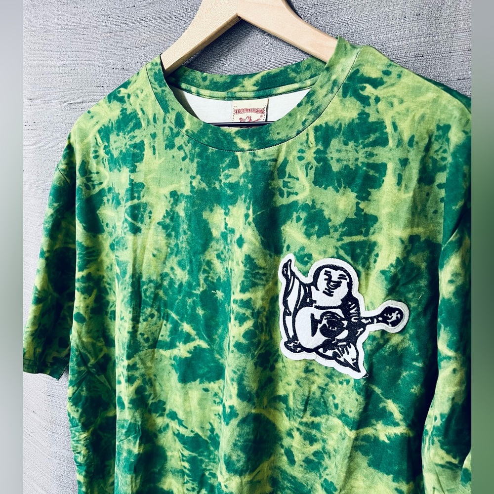 True Religion Green Tie Dye Short Sleeve Buddha Logo Tee Shirt Size L